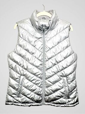 Gap Y2K Metallic Silver Puffer Vest Large Liquid Metal Space Age Shiny Quilted L